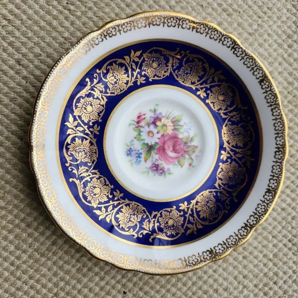Paragon Teacup and Saucer Cobalt Gold Floral Cabbage Rose Flower Made in England